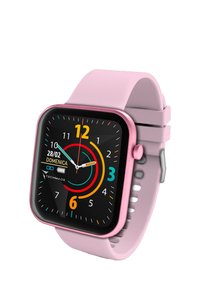 Orologio smartwatch quadrato con display nero, cinturino in silicone rosa e quadrante colorato con accenti gialli, blu, verdi e arancioni.