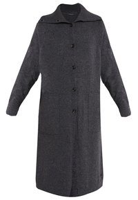 Cardigan long en laine gris foncé avec col côtelé, poignets, boutons à l'avant et deux poches avant.