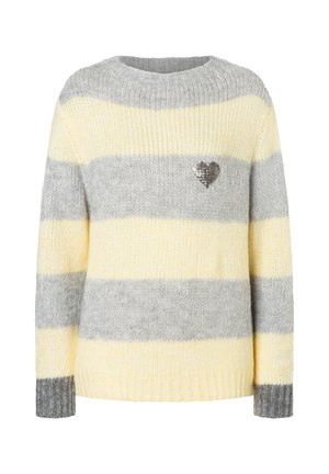 Gestreifter Pullover in Gelb, Grau und Creme mit weicher Textur. Verfügt über ein Paillettenherz auf der Brust und gerippte Bündchen.