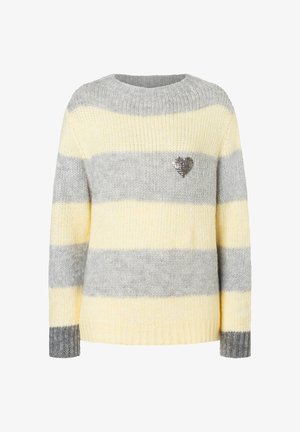 Gestreifter Pullover in Gelb, Grau und Creme mit weicher Textur. Verfügt über ein Paillettenherz auf der Brust und gerippte Bündchen.