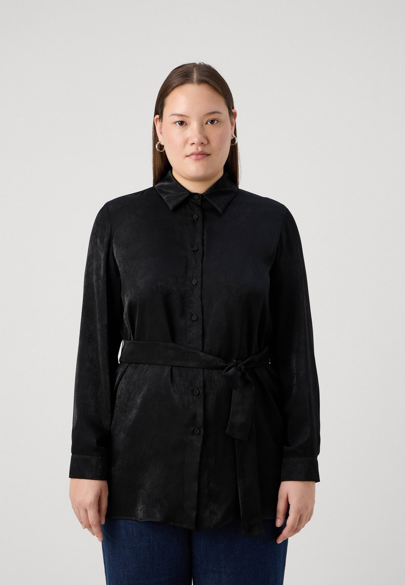Black long-sleeve shirt made of smooth fabric, featuring a button-up front and a tied belt at the waist, with a classic collar and cuffs.