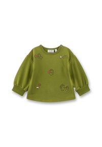 Grüner Pullover mit langen, puffigen Ärmeln. Enthält gestickte Igel, Blumen und Pilze. Weicher Stoff, runder Ausschnitt, seitlicher Druckknopfverschluss.