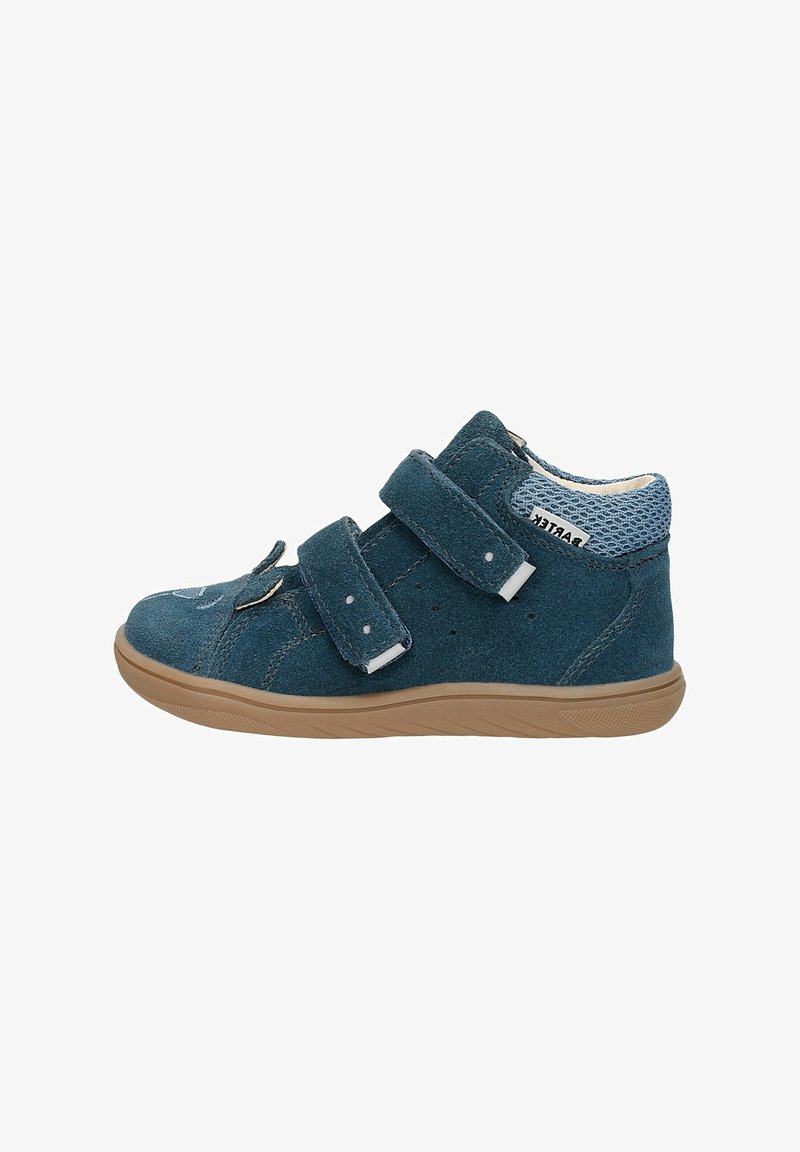 Scarpe blu scamosciate alta con due cinturini in velcro, dotate di un colletto in rete blu chiaro e una suola in gomma beige.