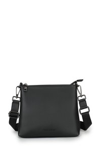 Borsa a tracolla nera realizzata in morbida ecopelle. Caratterizzata da una chiusura con zip, tracolla regolabile e un logo discreto. Design rettangolare minimalista.