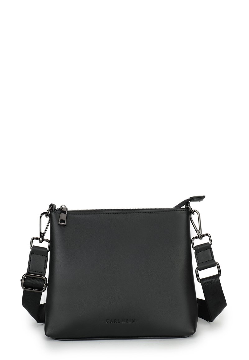 Borsa a tracolla nera realizzata in morbida ecopelle. Caratterizzata da una chiusura con zip, tracolla regolabile e un logo discreto. Design rettangolare minimalista.