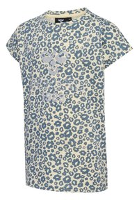 Leopardskinnad t-shirt i ljusbeige och blått, kort ärm, rundad hals, har glittrig grafisk text och detaljer på framsidan.