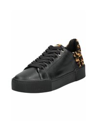 Schwarze Ledersneaker mit geriffelter Sohle, schwarzen Schnürsenkeln und einem Leo-Print-Akzent an der Ferse. Verfügt über eine glatte Textur und eine abgerundete Zehenform.