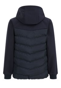 Navy jacket with a puffy, quilted lower half and smooth upper fabric. Features a hood and ribbed cuffs. Textured, lightweight materials.