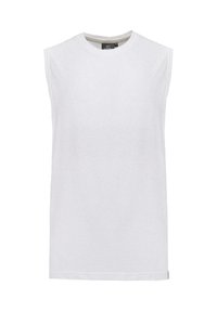 Weißes ärmelloses T-Shirt aus Baumwolle mit Rundhalsausschnitt und geradem Saum. Glatte Textur ohne sichtbare Muster oder Akzente.