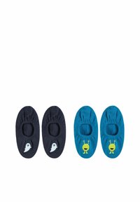 Set di quattro paia di calzini per bambini: due blu scuro con design di fantasmi e due teal con motivo di insetti verdi. Cotone lavorato a maglia; stile basso.