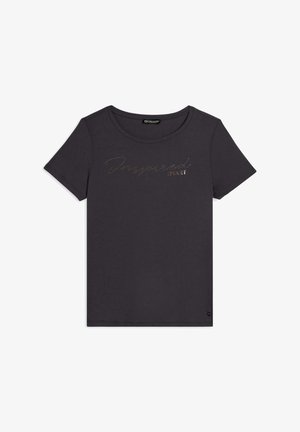 T-shirt grigio scuro con scollo rotondo e maniche corte, con le scritte "Inspired" e "HEART" in accenti metallici sul davanti.