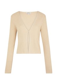 Pull en maille beige à manches longues, décolleté en V profond et détail en trou de serrure à l'avant. Texture douce et design ajusté.