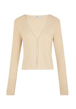 Beige ribbed sweater with long sleeves, deep V-neck, and a keyhole detail at the front. Soft texture and fitted design.