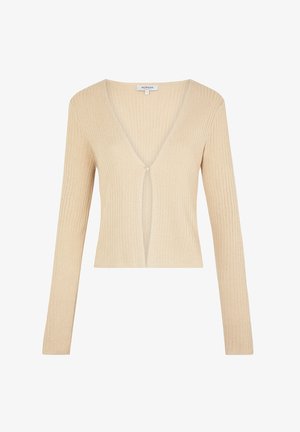 Beige geribbeld trui met lange mouwen, diepe V-hals en een sleufdetail aan de voorkant. Zachte textuur en aansluitend ontwerp.