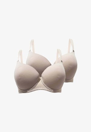 Due reggiseni imbottiti beige con spalline regolabili, mostrati affiancati su uno sfondo bianco.