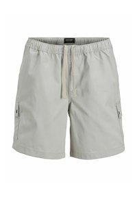 Shorts gris clair en tissu tissé avec une ceinture élastique, fermeture à cordon de serrage et poches cargo latérales. Texture lisse et mate.