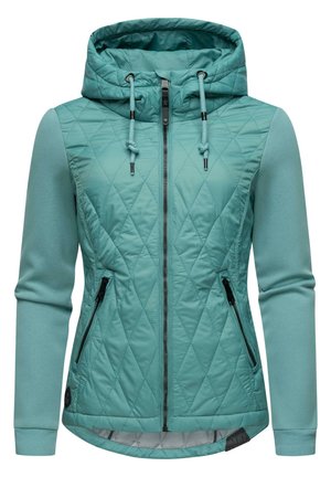 Quilted teal jacket with a hood, featuring contrasting smooth sleeves, zippered pockets, and adjustable drawstrings. Textured diamond pattern.