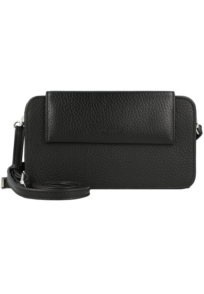 Black leather wallet with a textured finish, zip closure, and detachable strap. Features a front flap and subtle embossed branding.