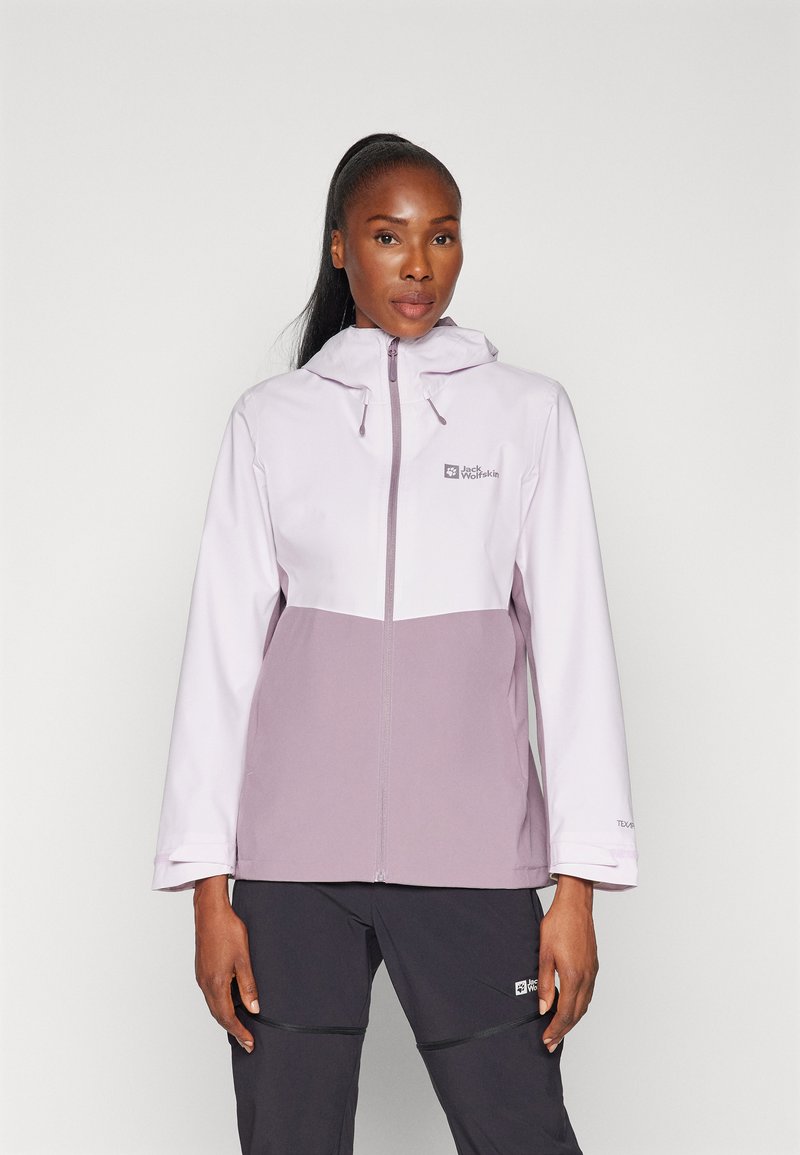 Veste légère et imperméable en violet clair et lavande, dotée d'une fermeture éclair à l'avant, d'une capuche réglable et d'un logo sur la poitrine gauche.
