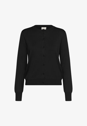 Crna kardigan napravljena od mekog materijala, s dugim rukavima, okruglim izrezom i prednjim kopčanjem na gumbe s šest usklađenih dugmadi.