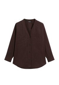 Bordeaux linned shirt med V-hals, lange ærmer, to forlommer og sorte knapper. Blød tekstur med en afslappet pasform.