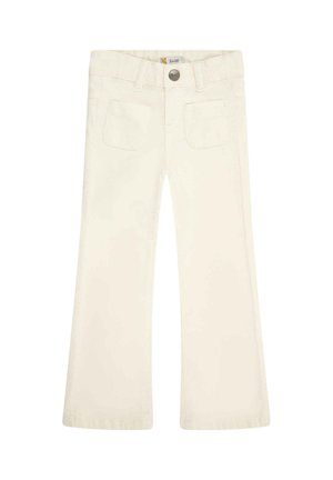 Jeans bianchi a zampa d'elefante in robusto tessuto denim. Presentano due tasche posteriori, una chiusura anteriore con bottone e cuciture visibili lungo le cuciture.