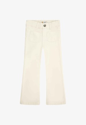Witte flared jeans van een stevige denimstof. Beschikt over twee achterzakken, een sluiting met een knoop aan de voorkant en zichtbare stiksels langs de naden.