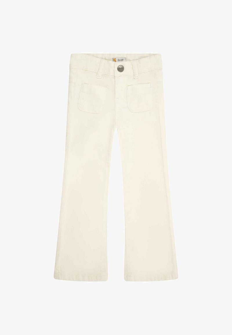 Witte flared jeans van een stevige denimstof. Beschikt over twee achterzakken, een sluiting met een knoop aan de voorkant en zichtbare stiksels langs de naden.