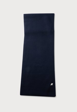 Écharpe tricotée bleu foncé avec un petit logo blanc près d'une extrémité, présentée à plat sur un fond clair.