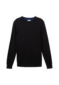 Maglione nero a maniche lunghe con scollo rotondo, polsini e orlo a costine. Il materiale sembra liscio, con un logo sottile sulla parte frontale.
