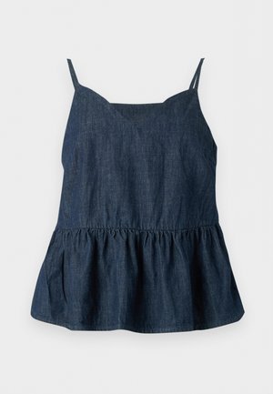 Σκούρο μπλε denim αμάνικη μπλούζα με λεπτές τιράντες και σούρες στο τελείωμα.