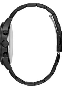 Montre chronographe noire avec une finition brillante, dotée de trois boutons sur le côté, d'un boîtier rond et d'un bracelet en maillons.