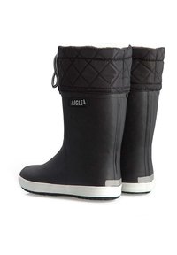 Bottes en caoutchouc noires avec un revers en tissu matelassé, semelle blanche et cordon de serrage ajustable en haut pour un maintien confortable. Logo de la marque visible.
