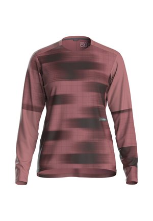 T-shirt de sport à manches longues rose poussière avec des rayures horizontales dégradées brun foncé et un motif de grille subtil sur le tissu.