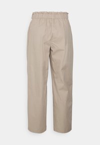 Beige katoenen broek met een elastische, gerimpelde tailleband, met een comfortabele pasvorm en rechte pijpen. Gladde textuur zonder zichtbare patronen.