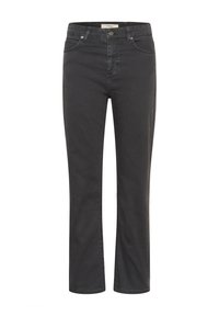 Čierne džínsy z denimu so strihom rovného nohavice, predné vrecká, zips a kovové zapínanie. Hladká textúra, minimálne detaily.