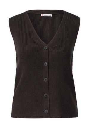 Black ribbed knit sleeveless cardigan, featuring a V-neck and six matching buttons down the front. Textured fabric with a fitted silhouette.