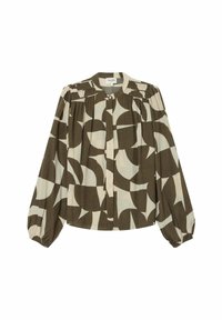 Blouse à manches longues avec poignets élastiques, motif géométrique marron et beige, épaules plissées et patte de boutonnage à l'avant.