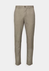 Beżowe i brązowe, w kratę spodnie o prostych nogawkach, z zapięciem na guziki, szlufkami na pasek oraz kieszeniami po bokach. Tkanina ma teksturowany wzór.