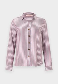 Πουκάμισο με μακριά μανίκια και κάθετες λευκές ρίγες σε απαλό μωβ, με γιακά και ξύλινα κουμπιά στο μπροστινό μέρος.