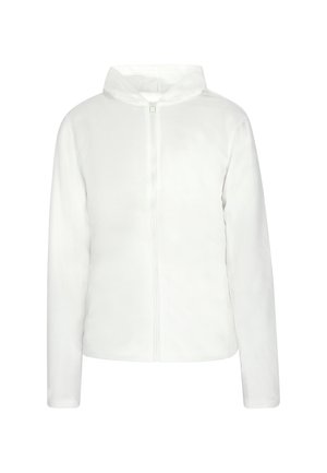 Hvid zip-up hættetrøje, lavet af glat stof. Har lange ærmer og et minimalistisk design uden mønstre eller accenter.