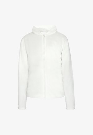Weiße kapuzenjacke mit Reißverschluss, hergestellt aus einem glatten Material. Sie hat lange Ärmel und ein minimalistisches Design ohne Muster oder Akzente.