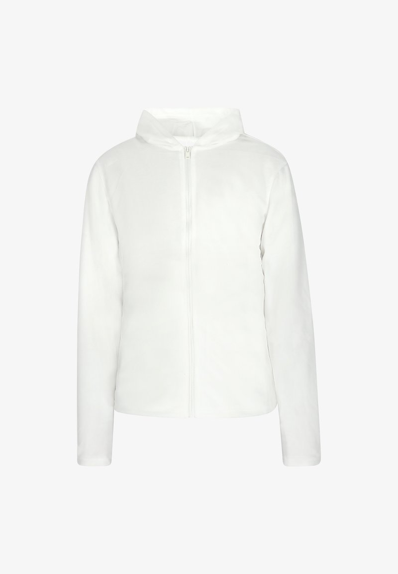 Giacca a zip bianca con cappuccio, realizzata in tessuto morbido. Presenta maniche lunghe e un design minimalista senza modelli o decorazioni.
