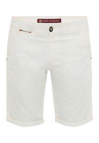 Shorts en denim blanc en coton avec ourlets roulés, dotés d'une fermeture à bouton et à zipper à l'avant, de poches latérales et d'une étiquette logo Cipo & Baxx.