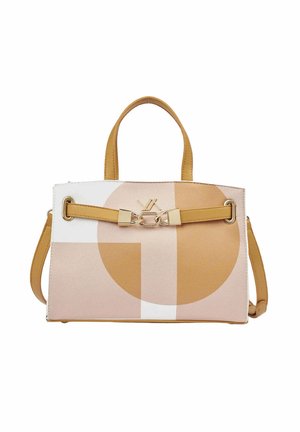 Rechthoekige beige en lichtbruine handtas met geometrische cirkel- en vierkantpatronen, gouden hardware, dubbele handvaten en een afneembare schouderriem.