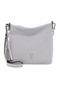 Borsa in pelle perforata grigio chiaro con una forma morbida. Presenta una frange staccabile e una tracolla regolabile. Accenti in metallo argentato.
