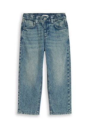 Hellblaue, ausgewaschene Jeans für Kinder mit elastischem Bund, vorderem Knopf, Gürtelschlaufen und Vorderentaschen.