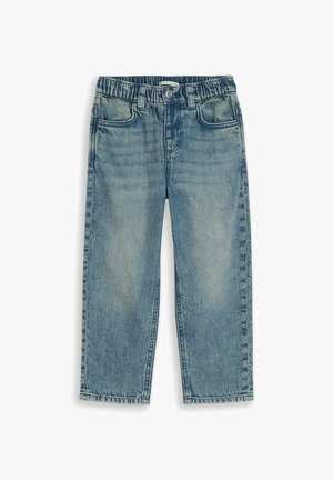 Hellblaue, ausgewaschene Jeans für Kinder mit elastischem Bund, vorderem Knopf, Gürtelschlaufen und Vorderentaschen.
