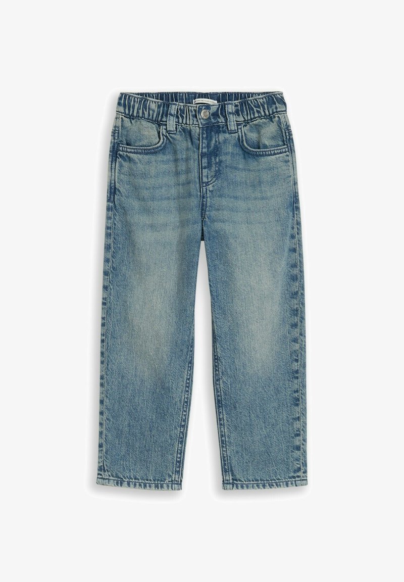 Svetlomodré vyblednuté džínsy pre deti s elastickým pásom, predným gombíkom, pútkami na opasok a prednými vreckami.
