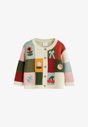 Børns strikkede cardigan med flerfarvet patchwork, med broderede blomster, sløjfe, agern, blad og kirsebærdesigns samt knapper foran.